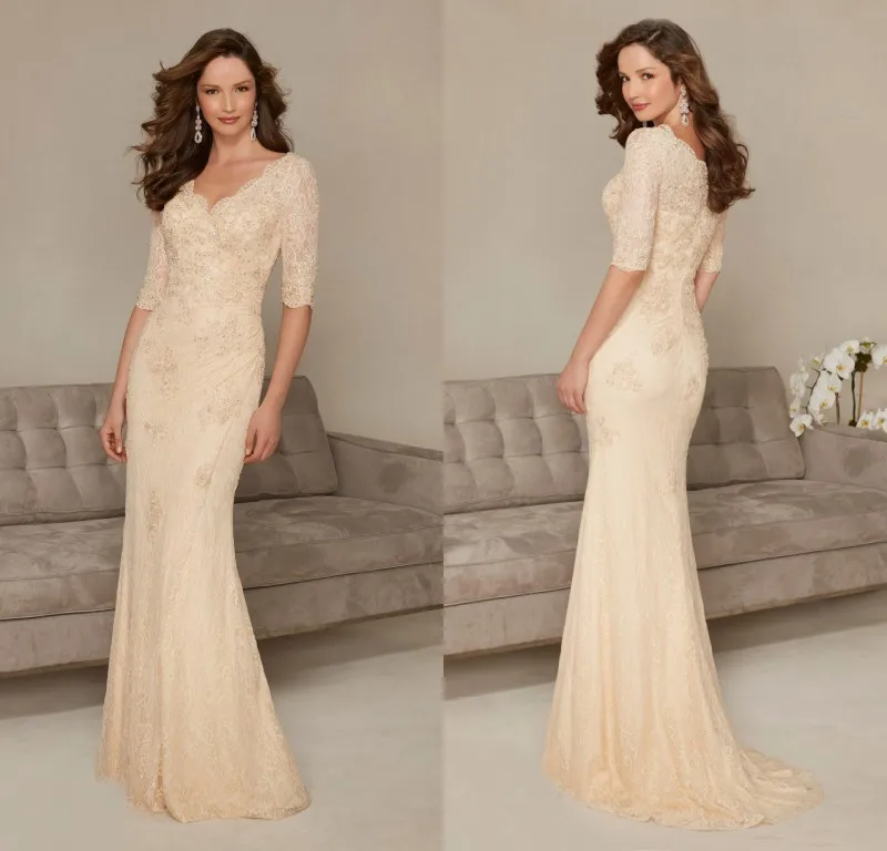 Женское вечернее платье Русалка GP4 длинное кружевное цвета шампанского с v