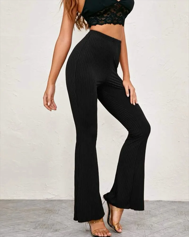 

Elastic High Waist Women's Knitted Flared Trousers Fungus Trim Slim Thin 2022 Spring New Ladies Solid Color Knitwear Long Pants