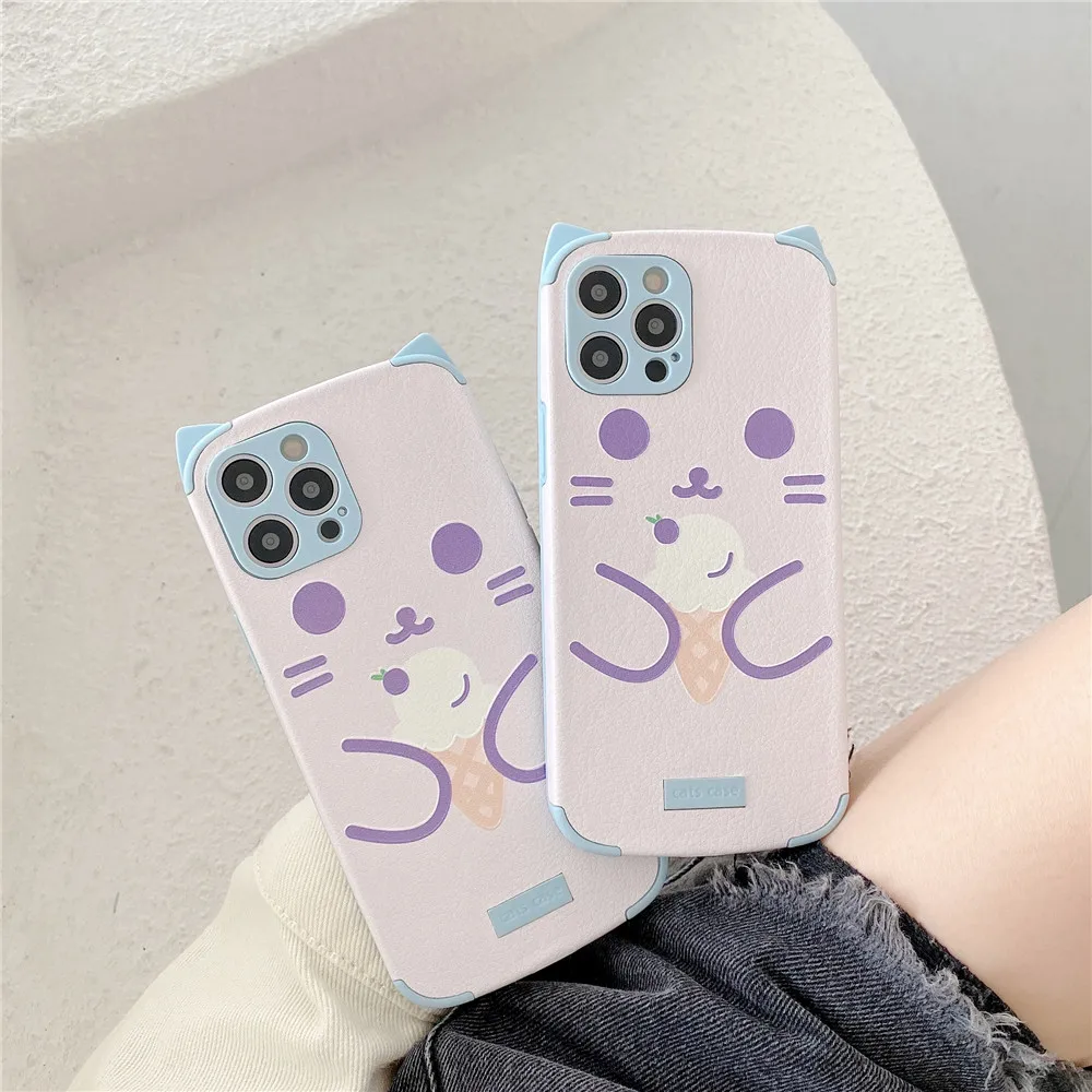 

INS Cartoon Ice Cream Cat Animal Phone Case For iPhone 12 11 PRO MAX XS X XR 7 8 PLUS Silicone Soft Shockproof Protective Cover