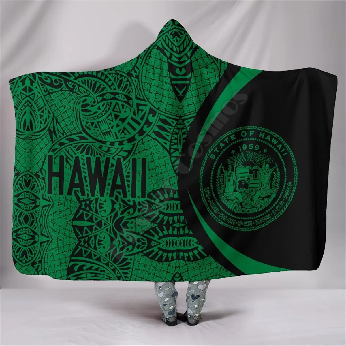 

Green Hawaii Polynesian Hooded Blanket 3D Printed Cozy Soft Throw Blanket Adult Women Men Wearable Throw Blankets 04