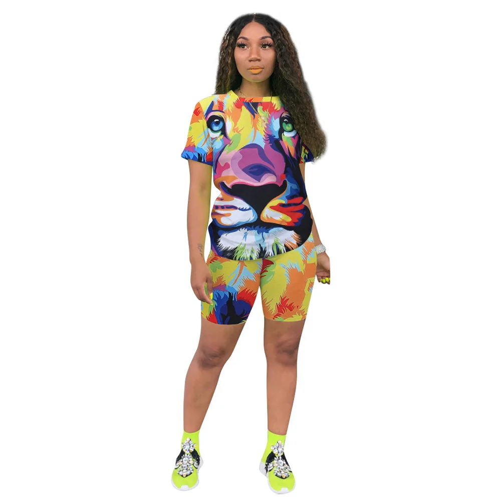 

2021 New Tiger Animal Print 2 Piece Set Women Costumes Tie Dye Short Sleeve T Shirt Top Biker Tight Short Sweat Suit Club Outfit