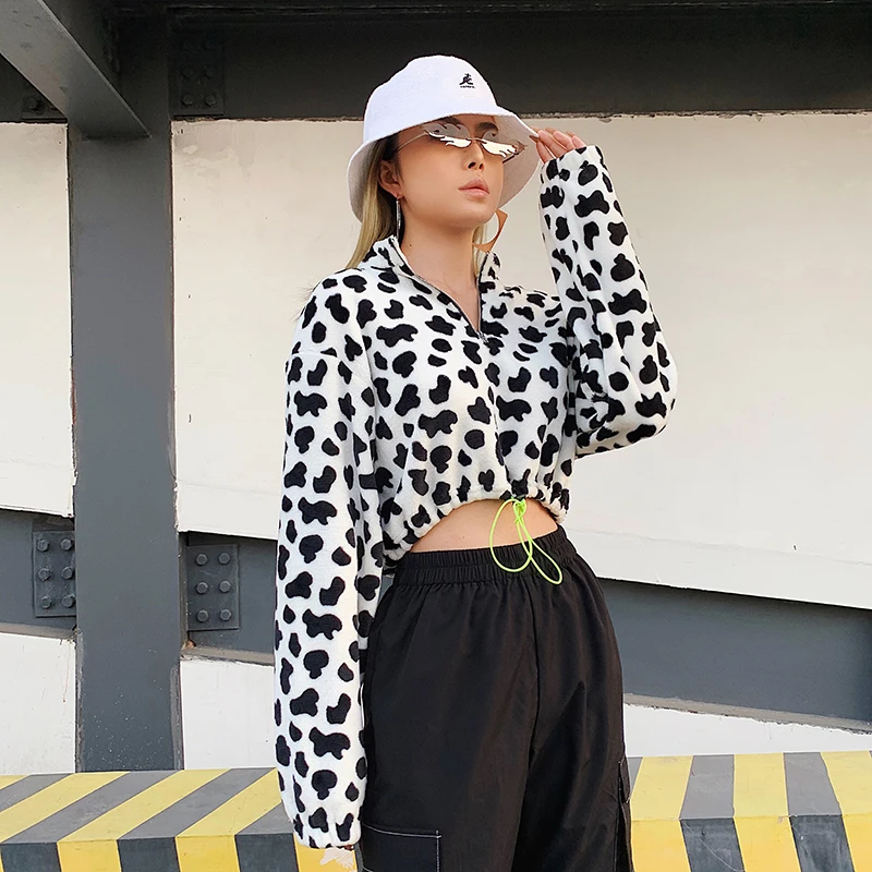 HEYounGIRL Cow Print Black White Crop Sweatshirt Women Casual Long Sleeve Pullover Hoodie Zipper Drawstring Autumn Winter Street
