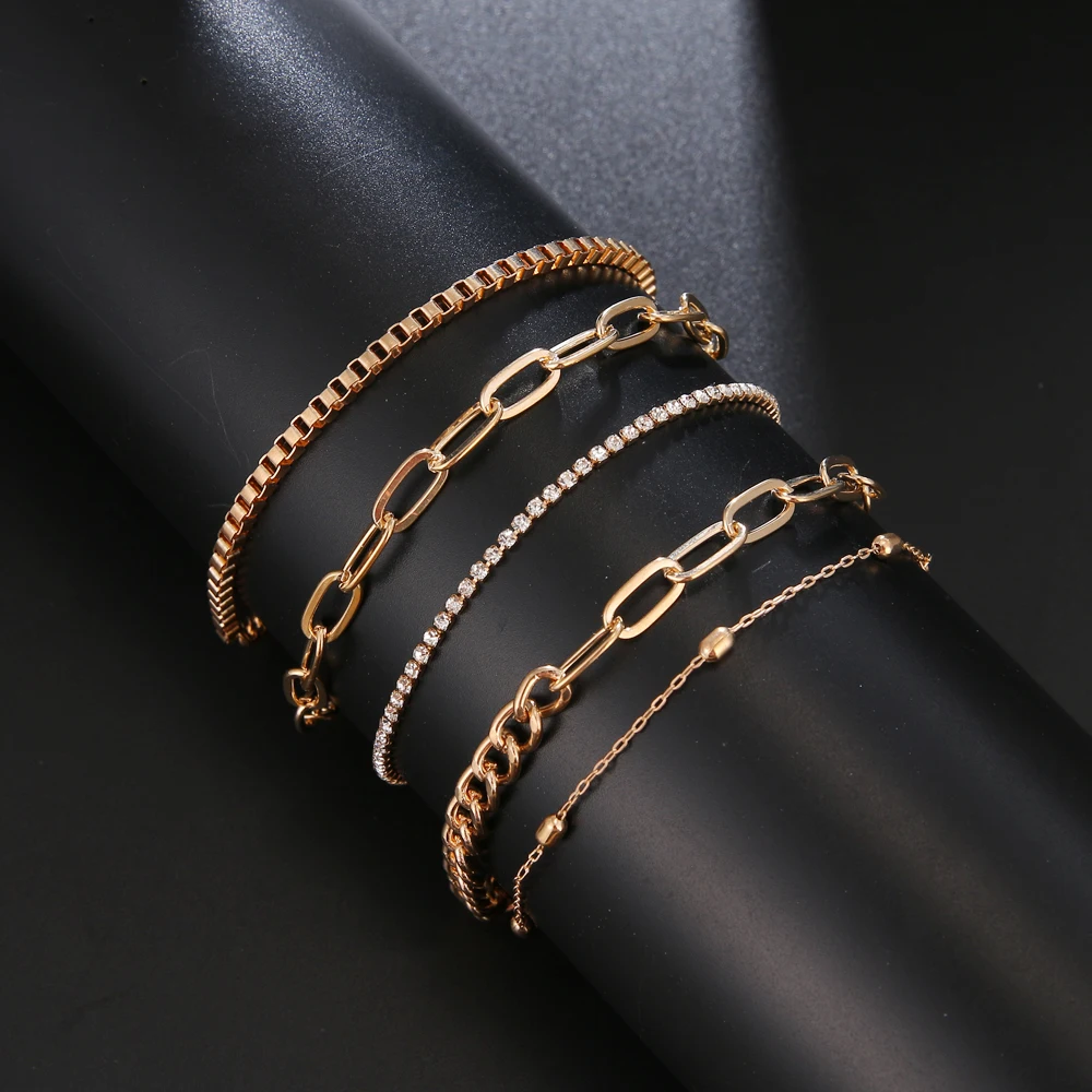 

5 Pcs/Set Punk Gold Crystal Thick Chain Bracelet Female Bohemian Geometric Chain OT Buckle Bracelet Set Jewelry Girl Party Gift
