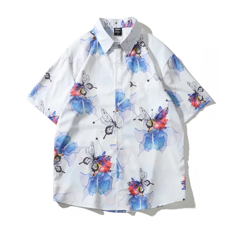 

2021 Summer New Casual All-Match Light Street Personality Full Version Of Butterfly Printing Loose Lazy Short Sleeve Shirt Men