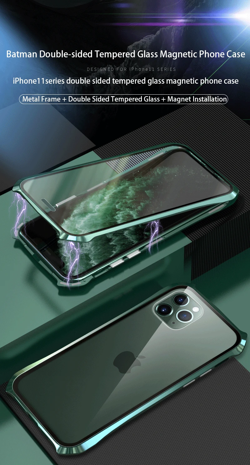 Для iPhone 11 Pro Max 11 чехол, стиль летучая мышь тонкая металлическая рамка, взрывозащищенный чехол из закаленного стекла с магнитной адсорбцией