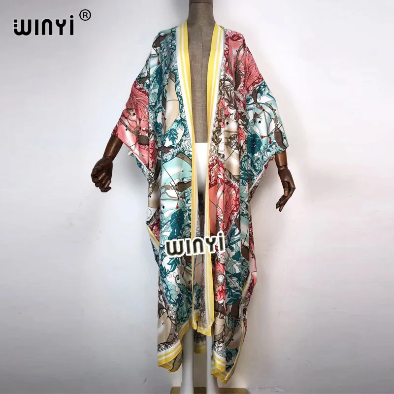 

Kuwait Autumn Women Cardigan Loose Long Dress Cocktail Party Boho Maxi African Holiday Batwing Sleeve Silk Traf Robe Kimono