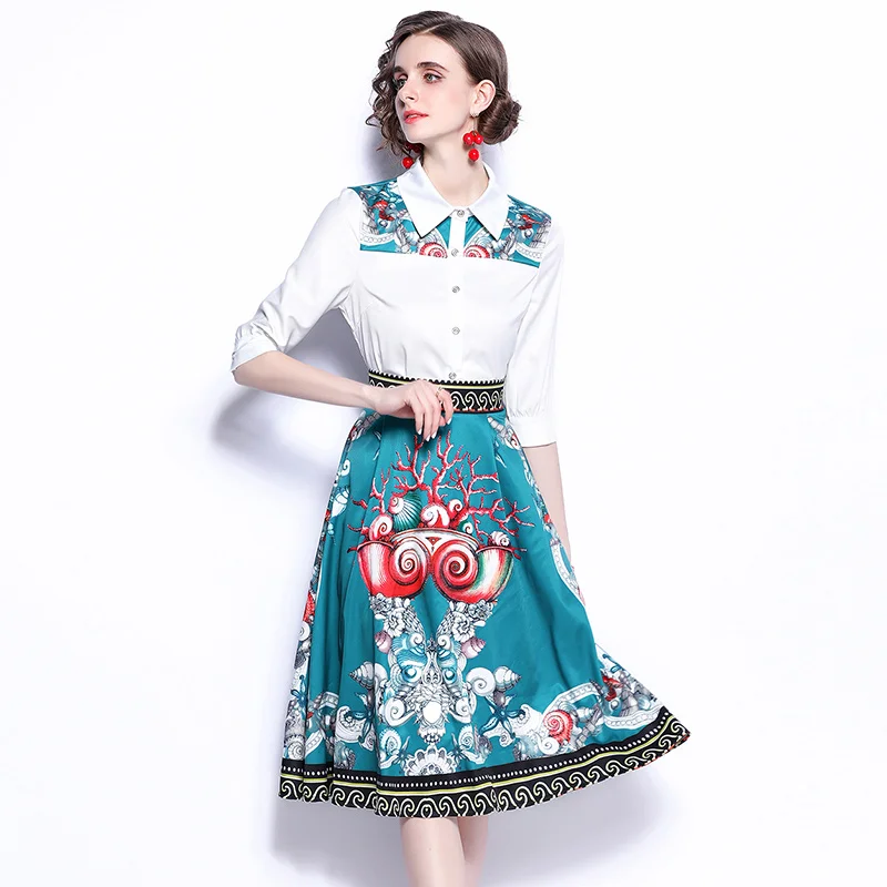 

2021 Summer Runway Suit Set Women Elegant Short Sleeve Print Blouse and Floral Skirt Lady Sweet Casual Party Outfits
