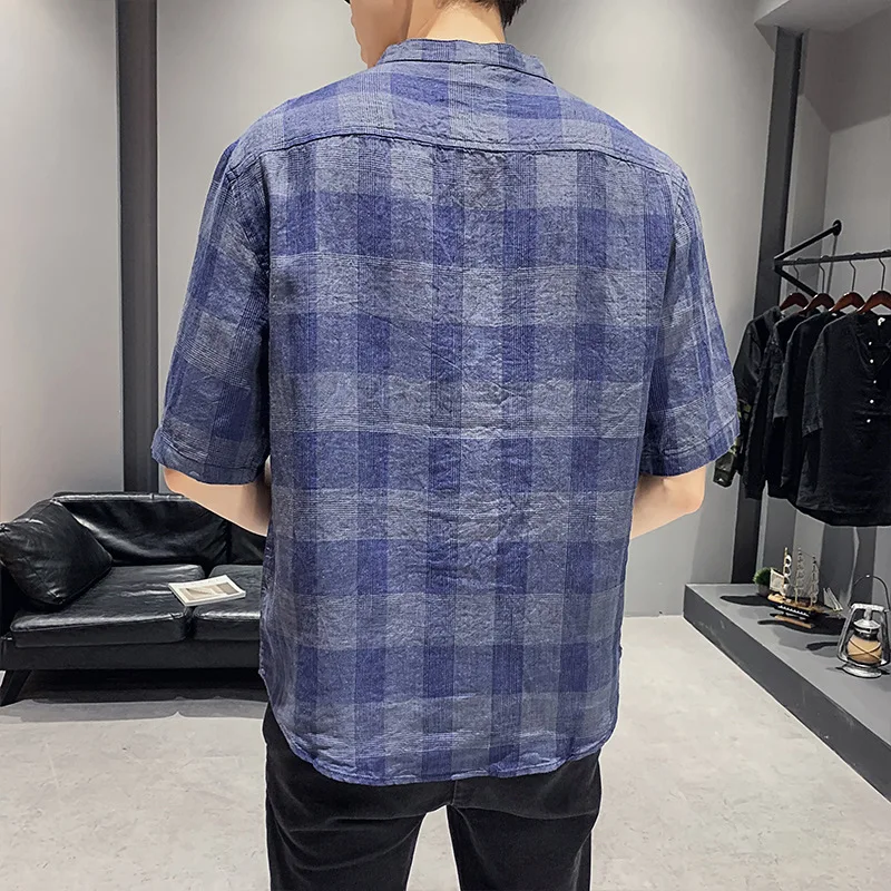 

Linen shirt men's thin short-sleeved summer 2021 new plaid shirt Korean trend handsome casual top