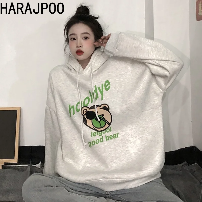 

Harajpoo Sweatshirts Female Black Bear Letter Printed Kawaii 2021 Autumn Winter New Plus Velvet Thick New Loose Korean Clothes