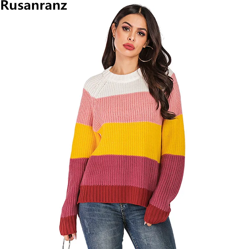 

Female Sweater 2019 New O-Neck Knitted Women's Sweater Striped Contrast Autumn Winter Sweater Jacket