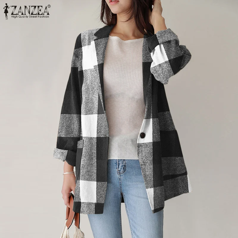 

2022 негабаритных ZANZEA модные тонкие женские туфли на пуговицах Блейзер сезон весна осень в клетку с длинными рукавами для детей Верхняя одежд...