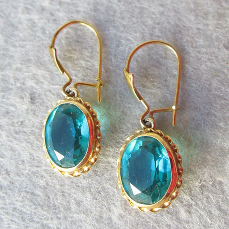 

Shining Round Sea Blue Zircon Dangle Earrings for Women Vintage Jewelry Exquisite Gold Color Hand Carved Personalized Earrings