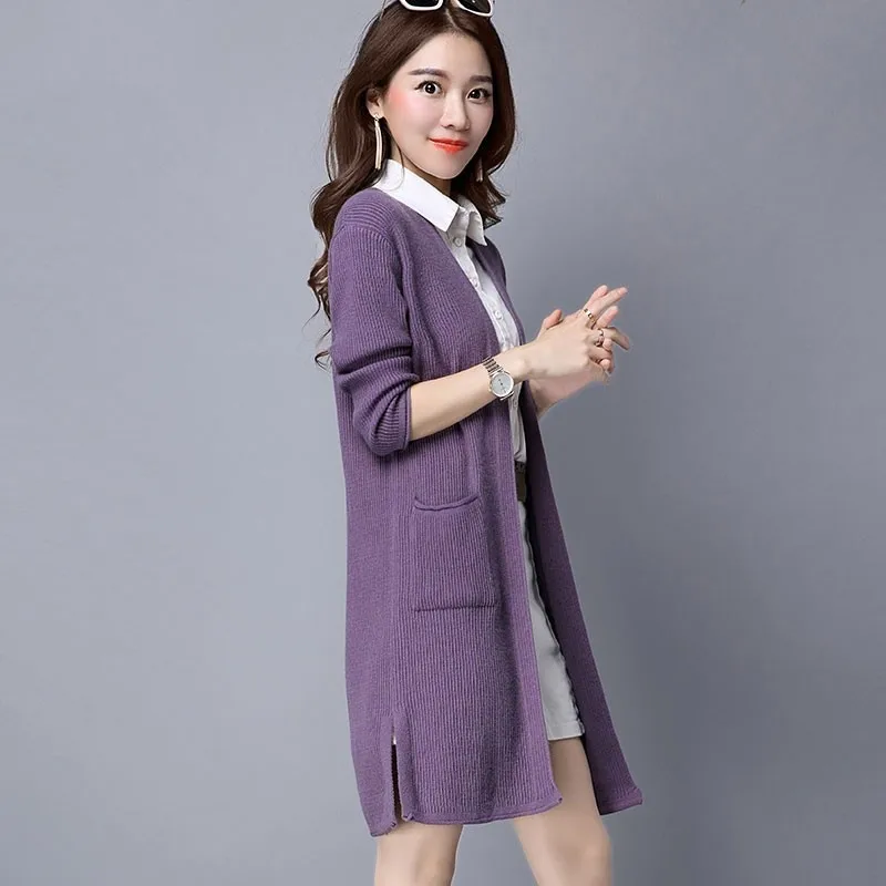 Корейский Свободный трикотажный свитер пальто длинный кардиган женская зимняя