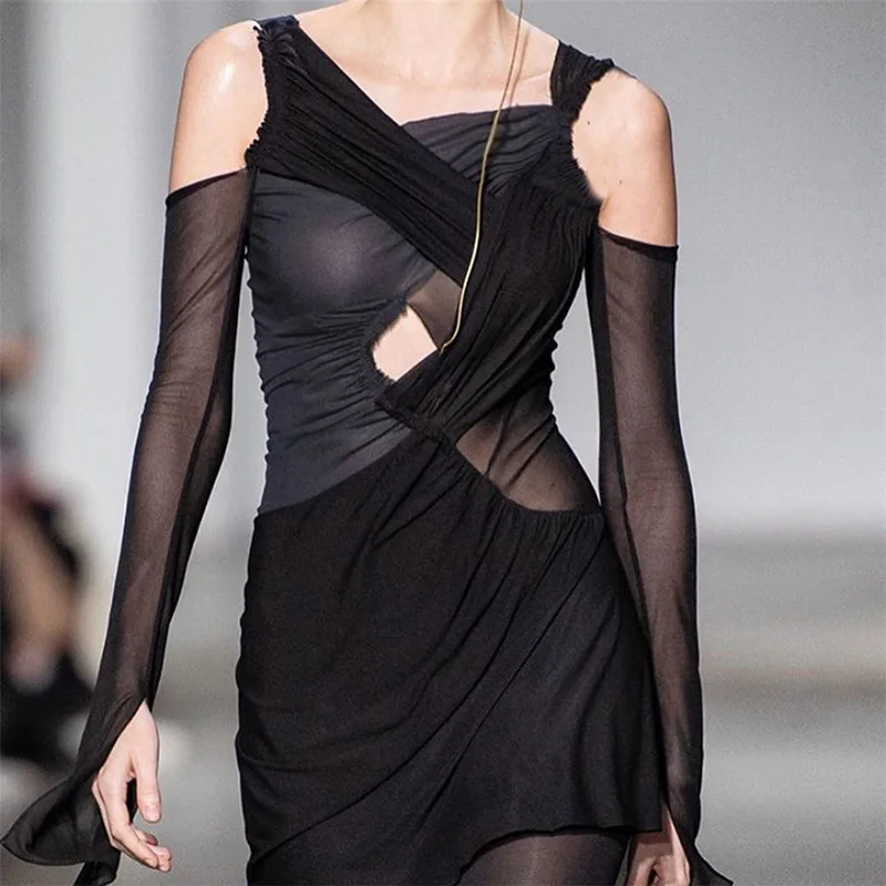 

High Street Female Dress Irregular Sexy Spring Women's Long Sleeve Fashion Design Hollow Dress Women Streetwear Solid Color