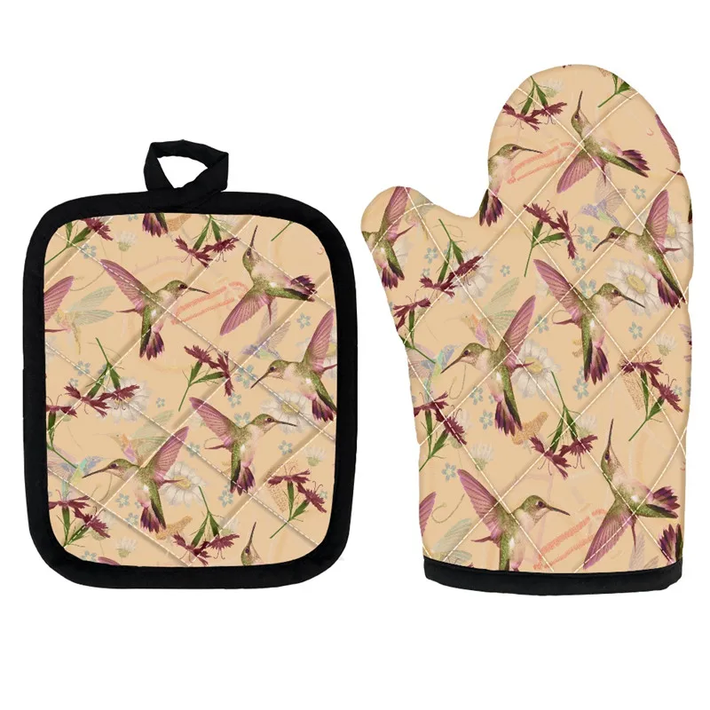 

Перчатка для духовки из полиэстера, термостойкие митенки с цветочным принтом Колибри, для микроволновой печи, Нескользящие, кухонные аксес...