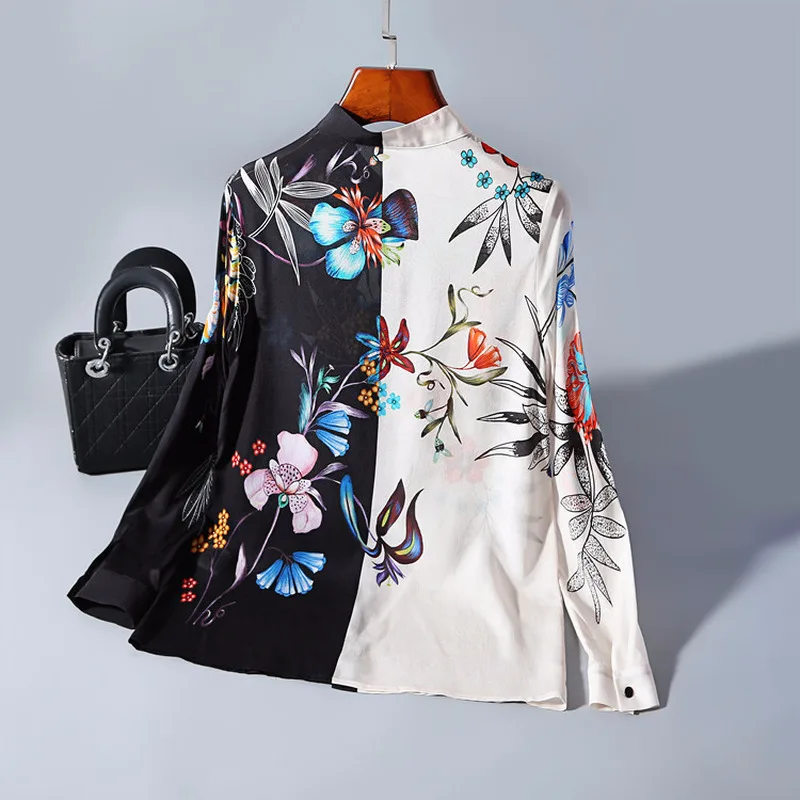 Natural Silk Women Blouses Long Sleeve Shirts Ladies Tops Spring Steeetwear Clothes Print Elegant Blusas LWL1633
