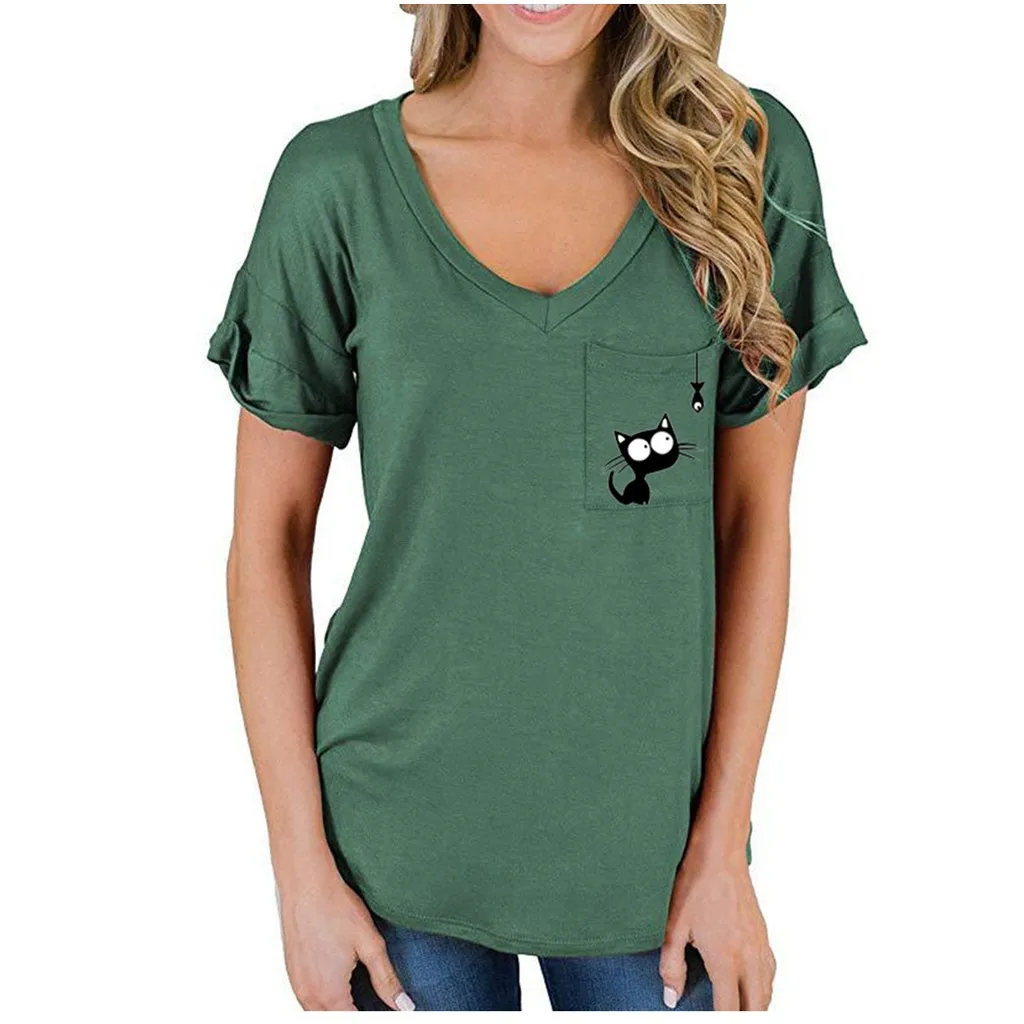 Футболка Женская летняя с коротким рукавом и v-образным вырезом карманом