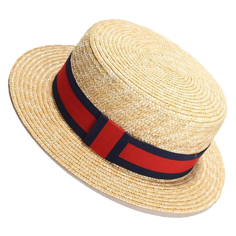

New Sun Hats Natural Wheat Straw Boater Top Hat Women Summer Beach Flat Brim Cap Bowknot Ribbon for Holiday Sombreros De Sol