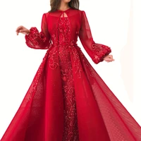 red evening dresses a line long sleeves tulle appliques beaded dubai saudi arabia long prom dress gown robe de soiree