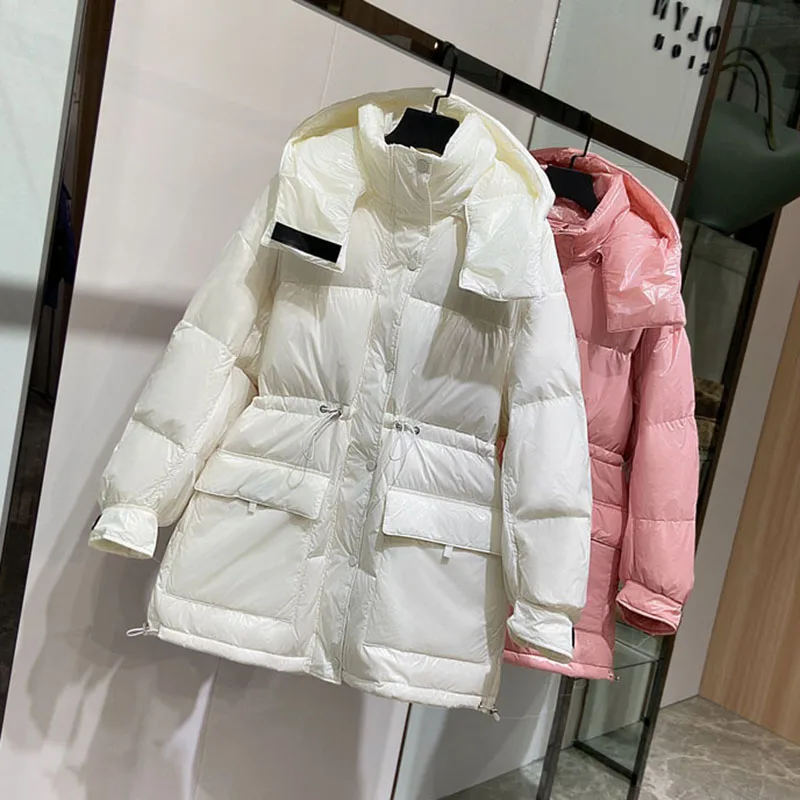 

FMFSSOM New Parkas 90% White Duck Down Winter Women Candy Color Loose Hooded Long Down Coat Bright Color Pocket Snow Outwear