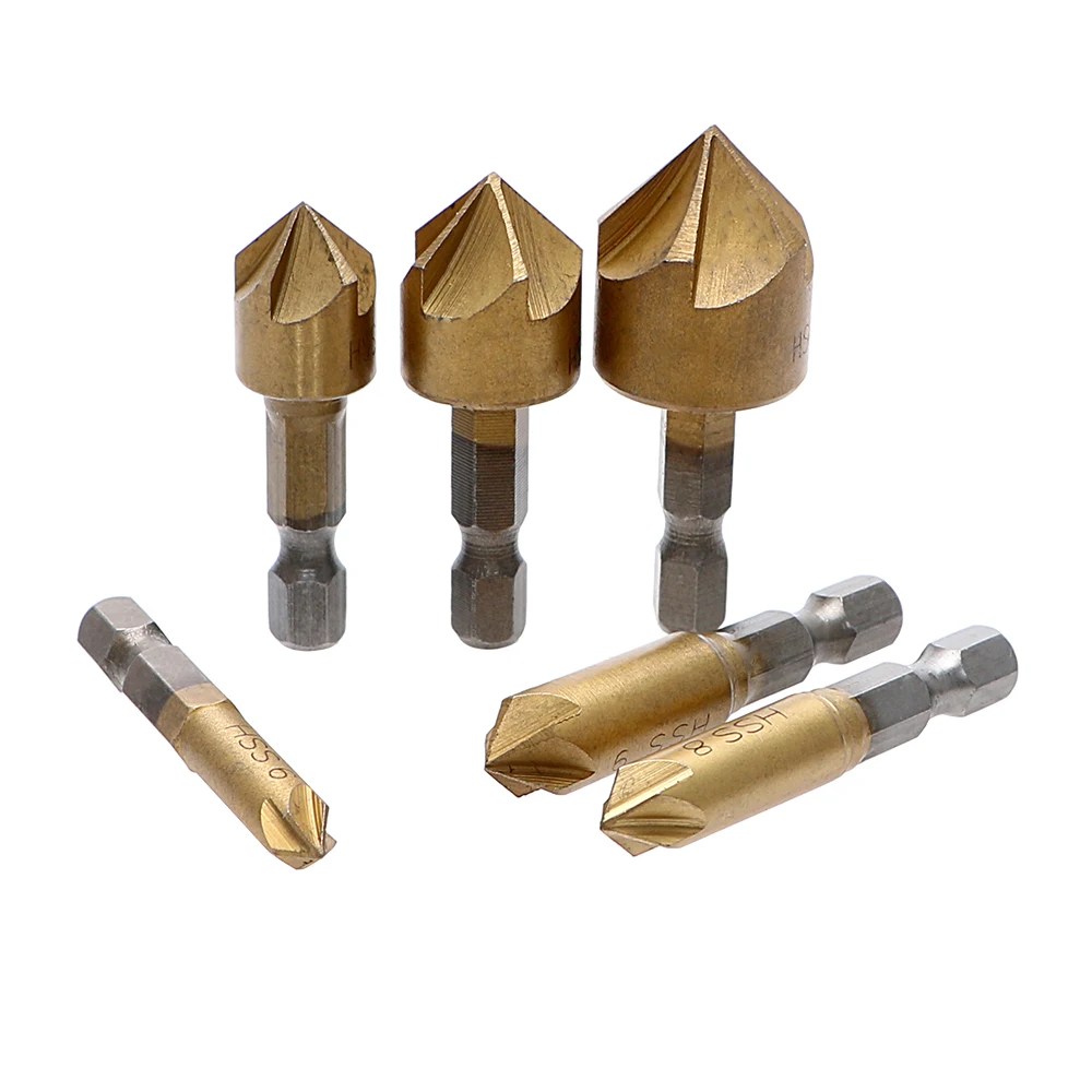 

Durable Chamfer Countersink Drill Bit 5 Flute HSS 6mm-19mm 6PCS 90 Degree Useful Wood Chamfering Cutter Chamfer