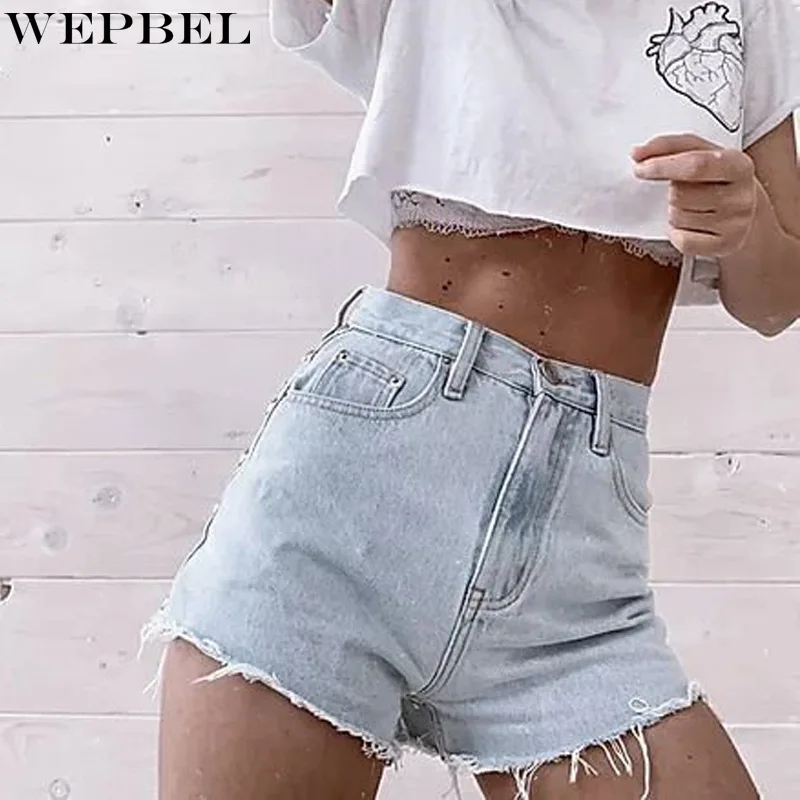 

WEPBEL Denim Shorts Women's Casual Solid Color Slim Fit Straight Shorts Summer High Waist Rivet Pocket Stitching Denim Shorts