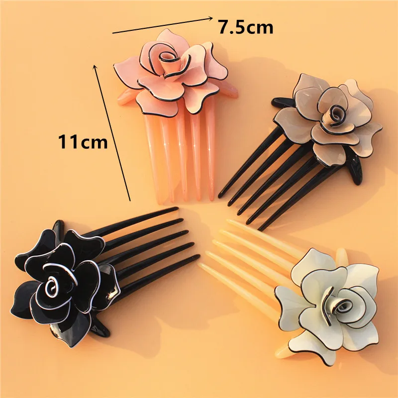 

Buena Flower Hair Comb 4 Colors Acrylic Clips Hair Jewelry Black Brown Pink Beige Hair Accessories