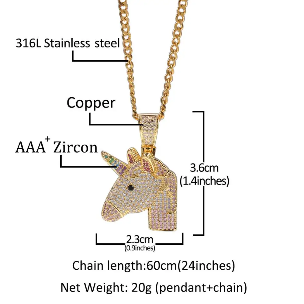 

Hip hop new luxury unicorn pendant Cuban chain necklace full of zircon rainbow pony men women hipster necklace