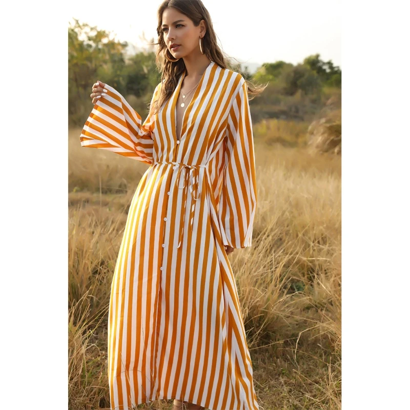 

Women Long Sleeve Sexy Deep V-Neck Flowy Maxi Dress Vertical Striped Printed Button Down Oversized Loose Cardigan Beach Cover Up