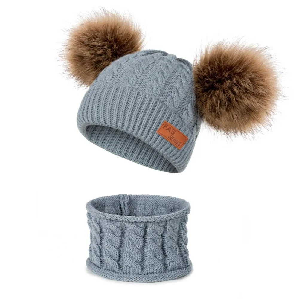 Gray set Детская шапка с помпоном, зимний шарф, детская шапка, вязаная Милая шапка для девочек и мальчиков, Повседневная однотонная шляпа детская шапочка - Цвет: Gray set