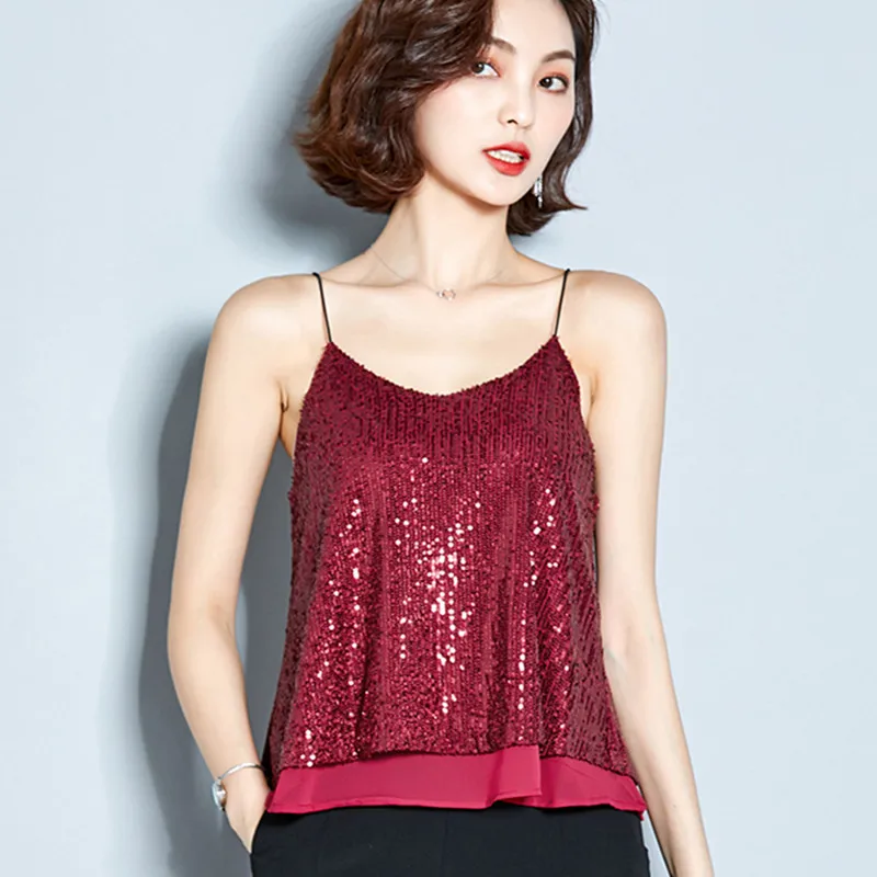 В Корейском стиле Модные женские топы Летняя женская обувь с блестками майки без