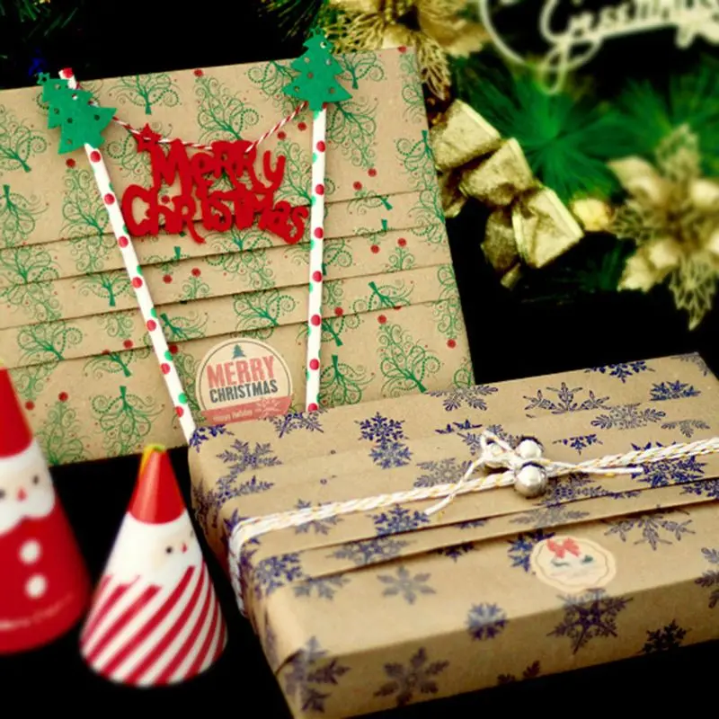

6pcs Christmas Wrapping Paper Gift Present Bag Packing Snowflakes Santa Snowman Wrap Decor Art Kraft
