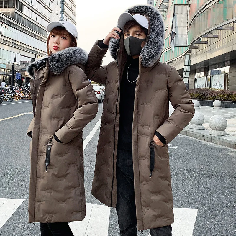 

Брендовая Мужская/женская зимняя длинная пуховая куртка, модные пуховики с меховым воротником для пар, ветровка, зимнее пальто