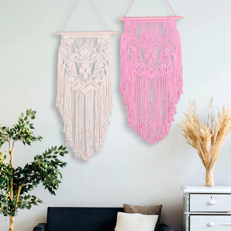 

Nordic Style Bohemian Handicrafts Woven Macrame Tapestry Wall Hanging Pink Flowers Lotus Chic Boho Bedroom Home Wedding Decor