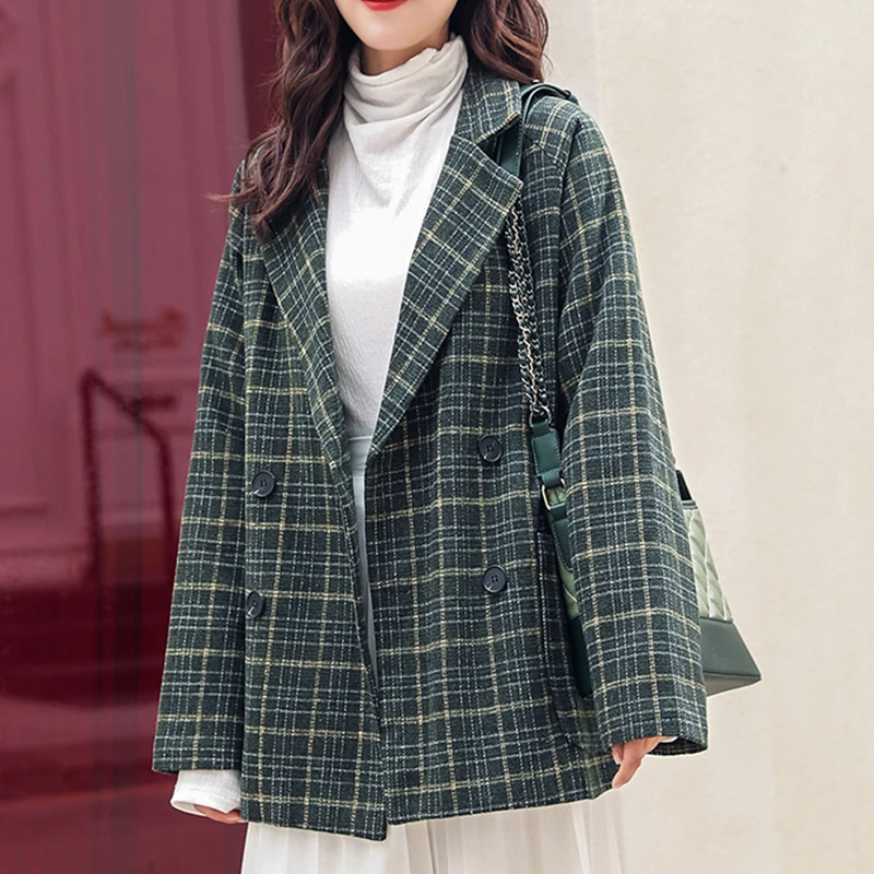 Женский двубортный Блейзер PERHAPS U шерстяной пиджак в клетку зеленого цвета хаки с