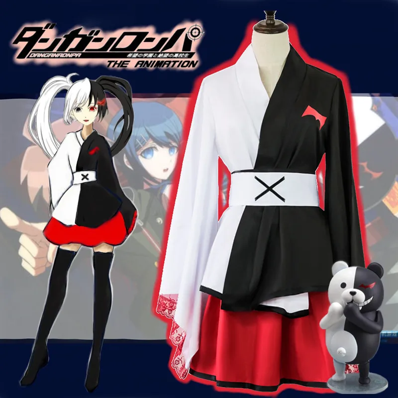 

Аниме DanganRonpa2 женские панда черный, белый цвет, японское кимоно, ночной халат платье для косплея полный комплект одежда, костюм на Хеллоуин форма для девочек