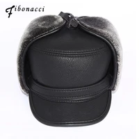 fibonacci high quality cold proof warmth retention men bomber hats middle aged old age winte hat pu leather plush ear flat cap
