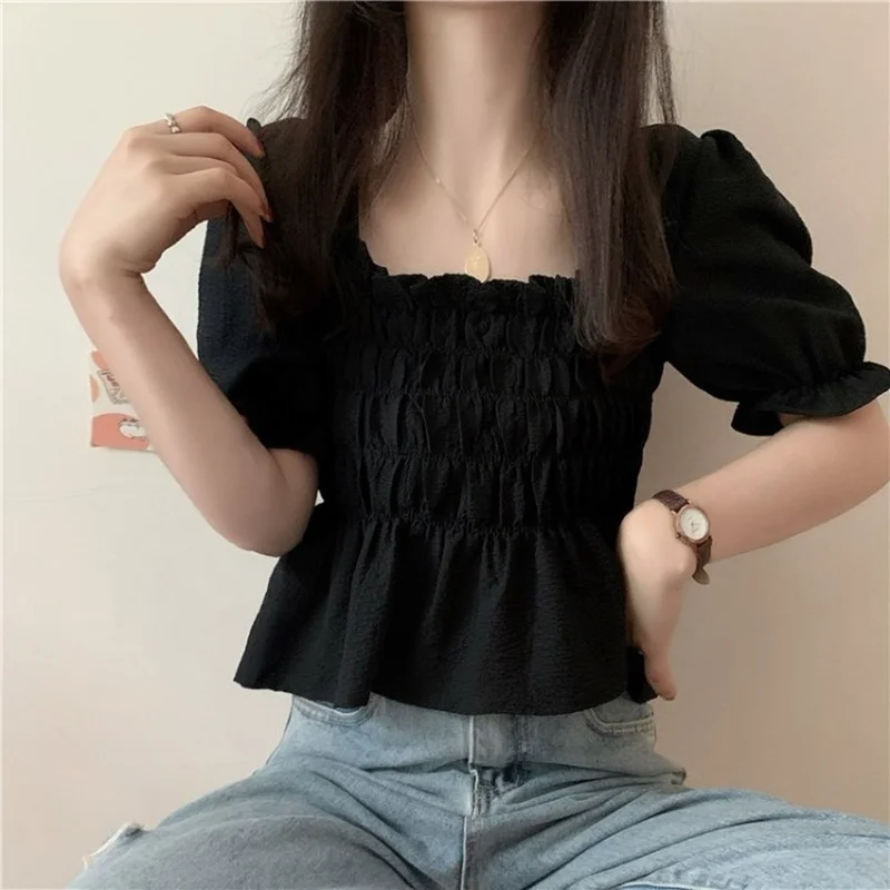 

Summer Short Puff Sleeve Blouses Women Square Collar Elegant Sweet Black Pleated Slim Girls Chiffon Copped Tops Stretchy Blouse