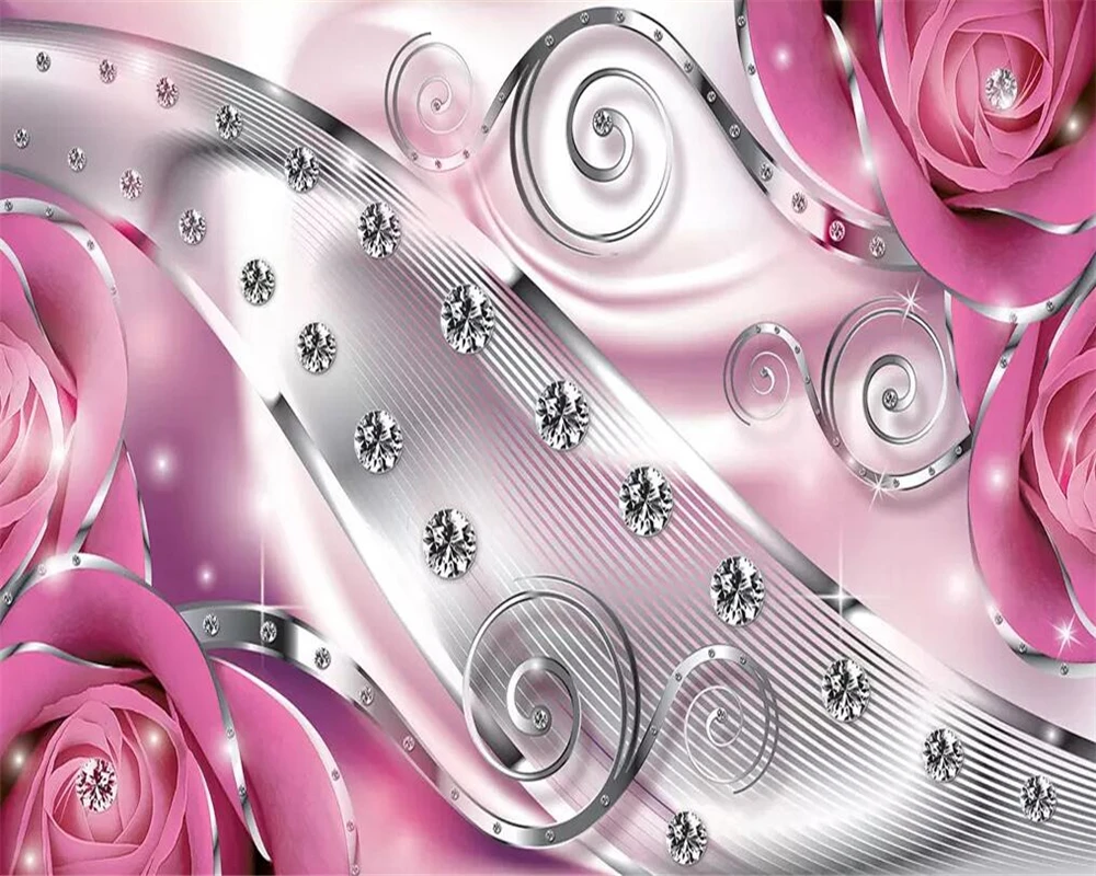 

Drop Shipping Custom Wallpaper 3d Mural Beautiful Metal Line Diamond Rose Background Wallpaper For Living Room Papel De Parede