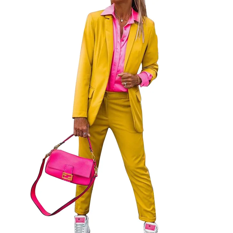 Fashion Ladies Suit Suit Solid Color Long Sleeve Jacket Slim Pants Two-Piece Casual Women