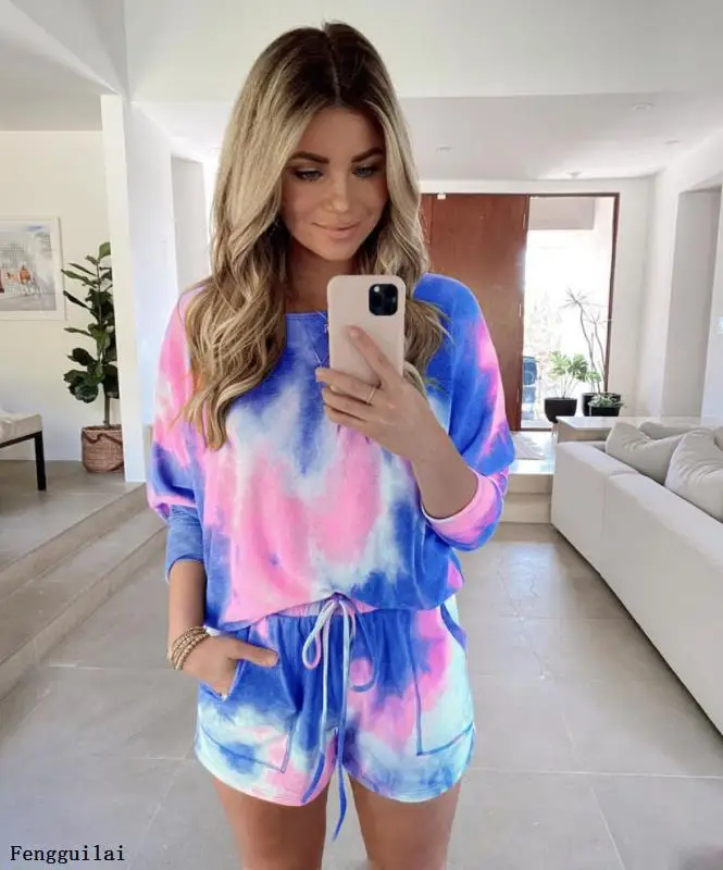 

Women Spring casual Tie-dye Two Piece Outfits Tracksuit Long Sleeve Top and Shorts Suits Summer 2pcs Matching Sets Lounge Wear