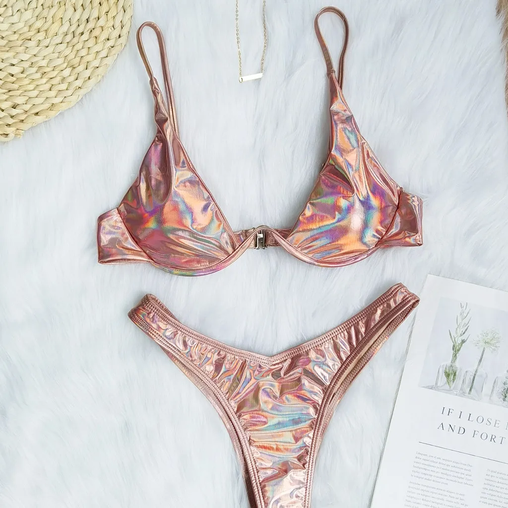 

2021 High Cut Thong Bathing Suit High Waist Swimsuit Solid Leather Swimwear Women Brazilian Biquini Swim Beach Micro Bikini Set