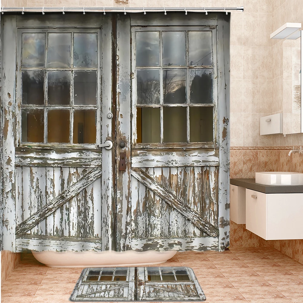 

Old Vintage Wood Door Shower Curtain Set Bath Mats Rugs Retro Bathroom Decor Hanging Curtain Bath Screen Home Decor Wall Cloth