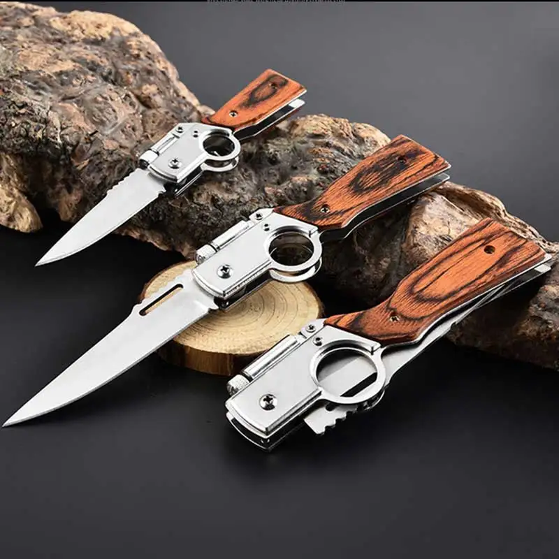 

Multifunctional Outdoor Folding Knife Wooden Texture Self-Defense Knife LED Knife Pocket Knife Camping Rope Cutting Knife