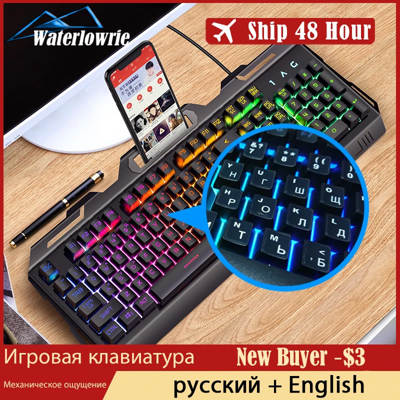 

Gaming Keyboard Backlight Wired USB Mechanical Feel Gamer RGB Keyboard 104Keys For Tablet Desktop Computer With Phone Holder