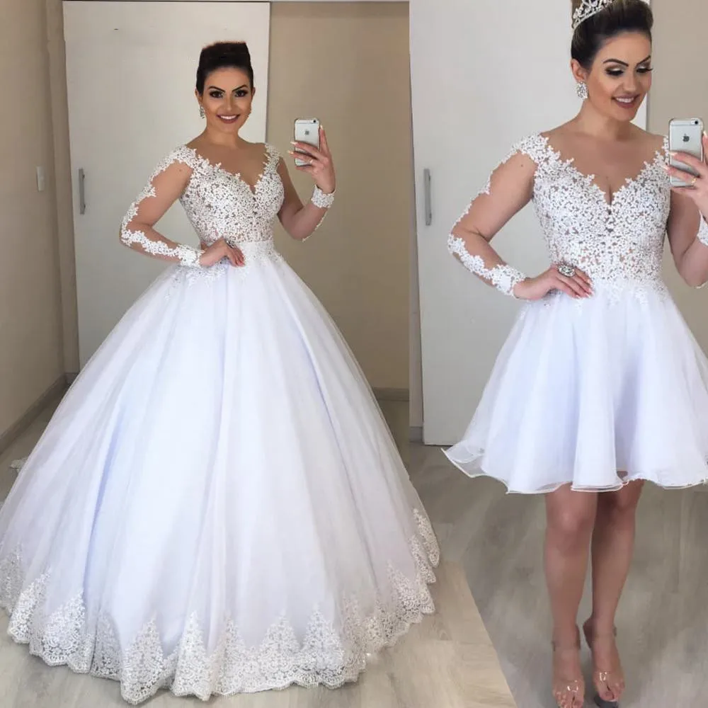 

Real Photo 2 In 1 Plus Size Wedding Dress Boho 2020 Illusion Appliques Bridal Gown Vestido De Novias Bride Dresses Overskirt