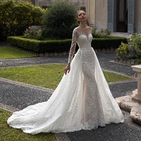 uzn elegant ivory illusion scoop neckline mermaid lace appliques wedding dress new arrival detachable a line skirt bridal gown