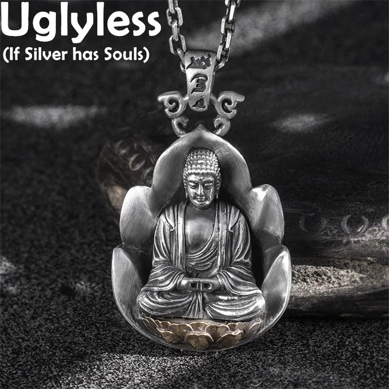 

Uglyless 999 Silver Buddha Tathagata Pendants Necklaces for Men Handmade Buddhistic Jewelry 6-word Mantra Necklaces NO Chains