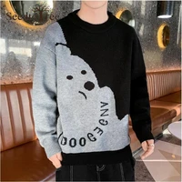 autumn and winte bear pattern casual mens sweater long sleeve round neck pullover couple top