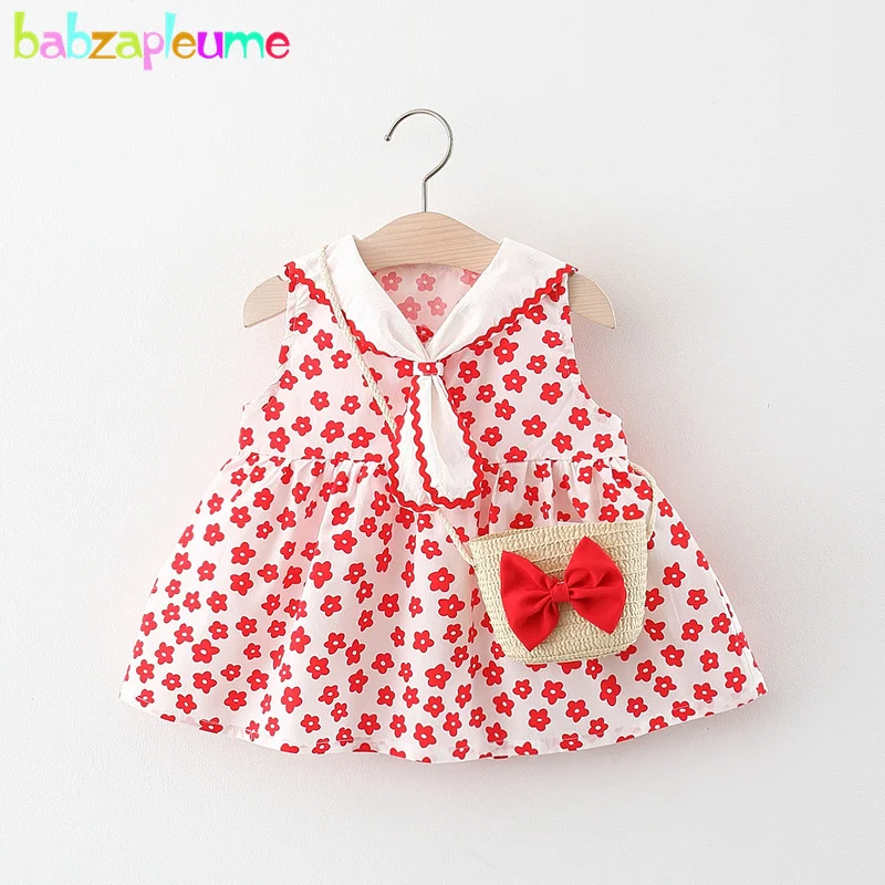 

2Piece Summer Outfit Toddler Dresses Korean Fashion Cute Plaid Flowers Sleeveless Princess Dress+Bag Newborn Clothes Set 2117-1